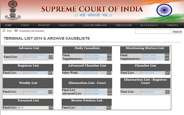 Supreme Court Cause Lists - online on SC website