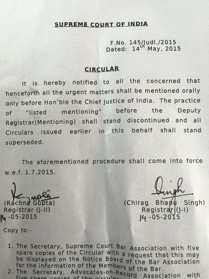 SC Circular 15 May 2015 directing only oral mentioning before CJI for urgent matters